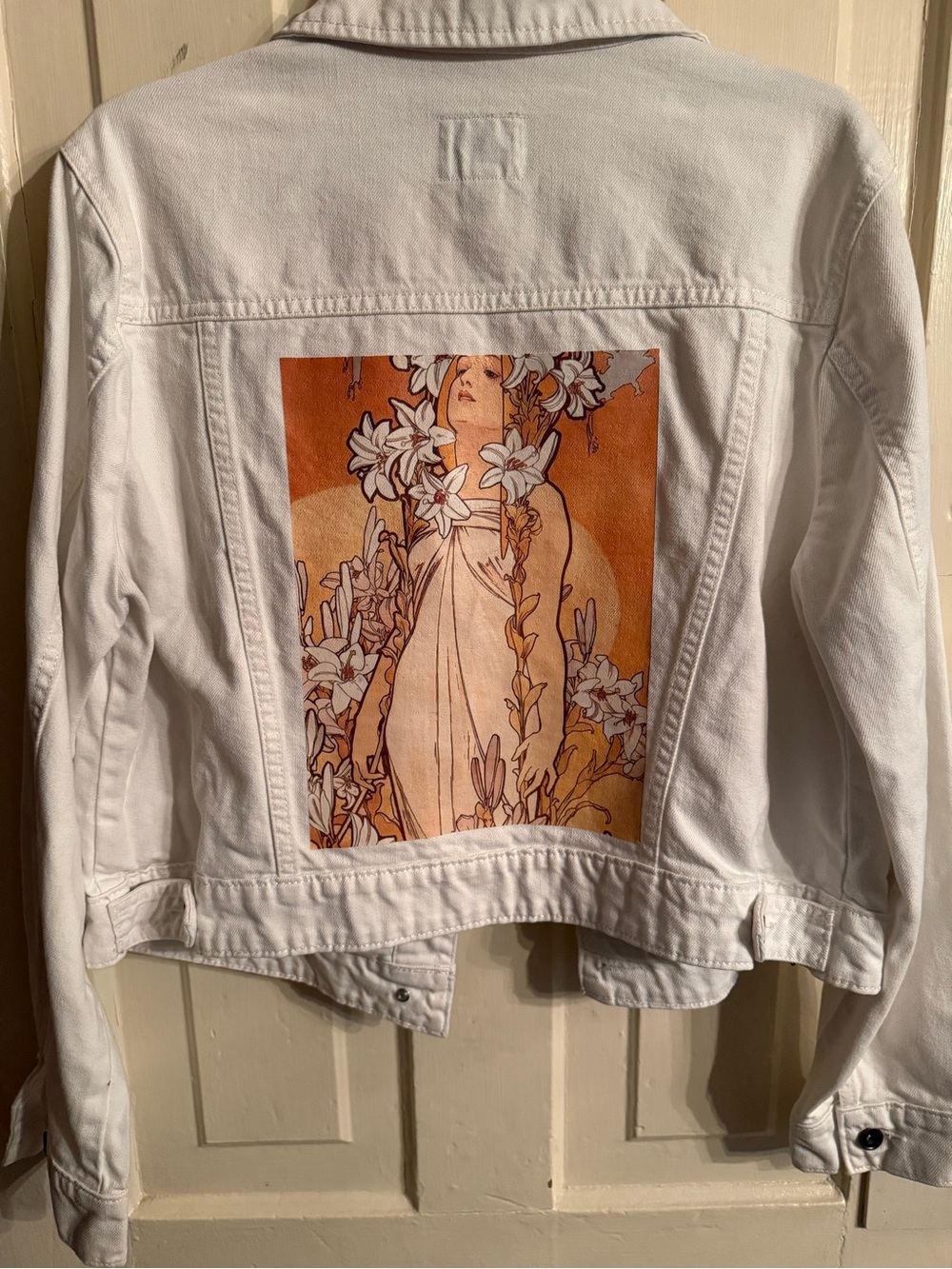 STYLUS White Denim Jacket with Orange Floral Art Panel